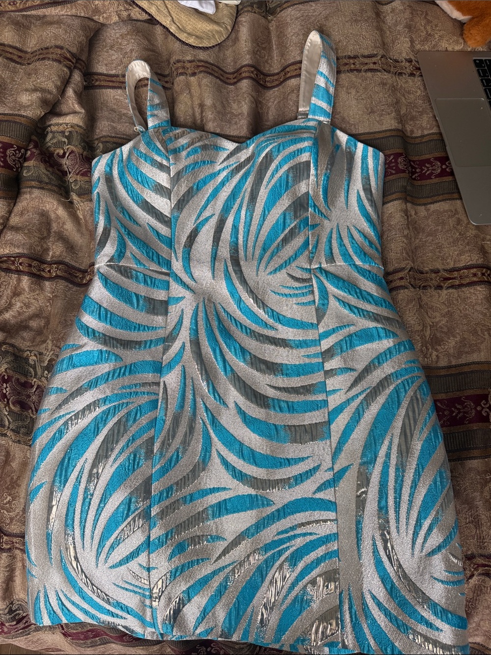 Lilly Pulitzer Silver and Turquoise Metallic Mini Dress with Swirl Print